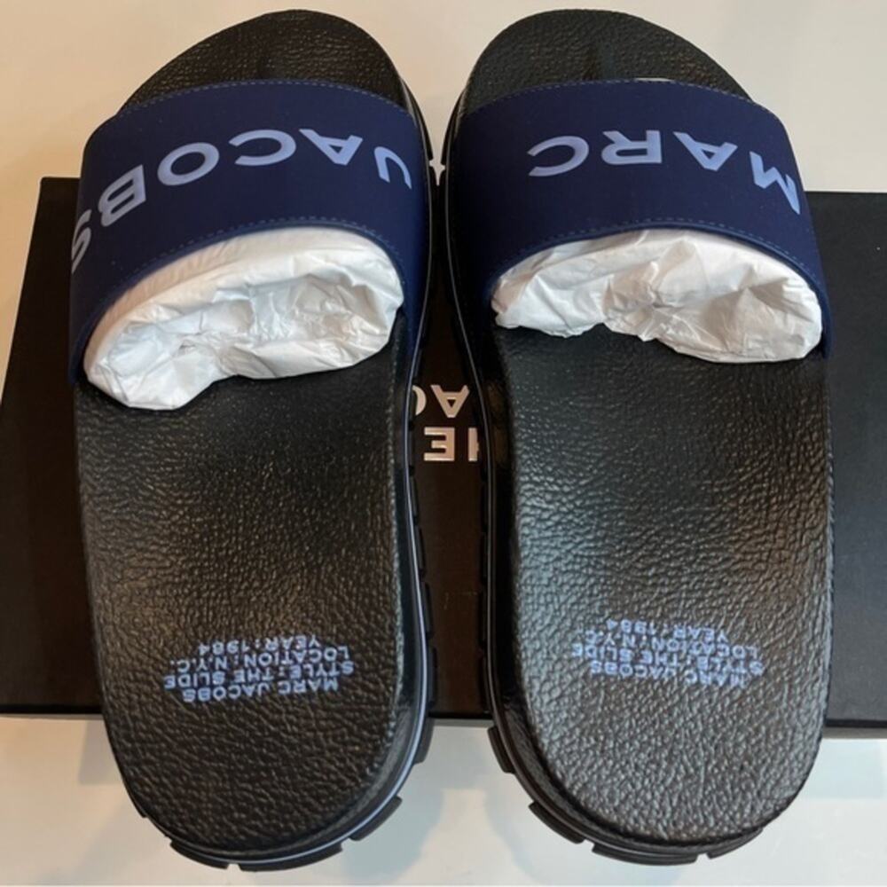 Marc Jacobs The Slide Sandals Navy Blue Logo Women Size US 5 EU 35 Comfy NEW‎ - Picture 9 of 16